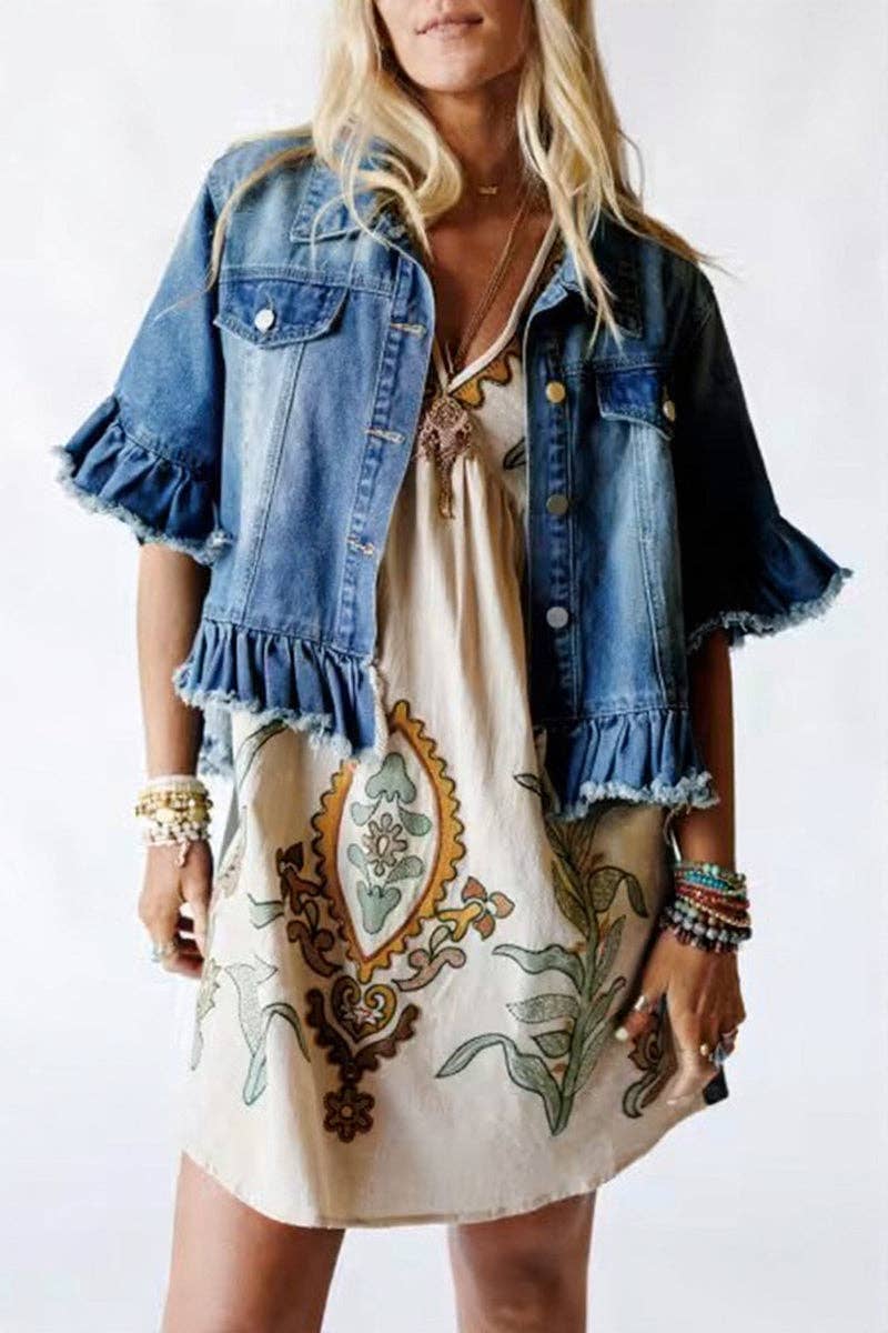 Frayed Hem Denim Jacket: BLUE / L