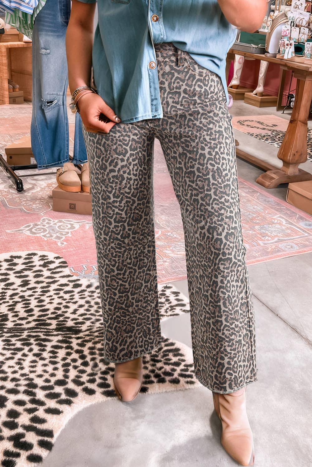 Western Leopard Love Edge Wide Leg High Waist Jeans