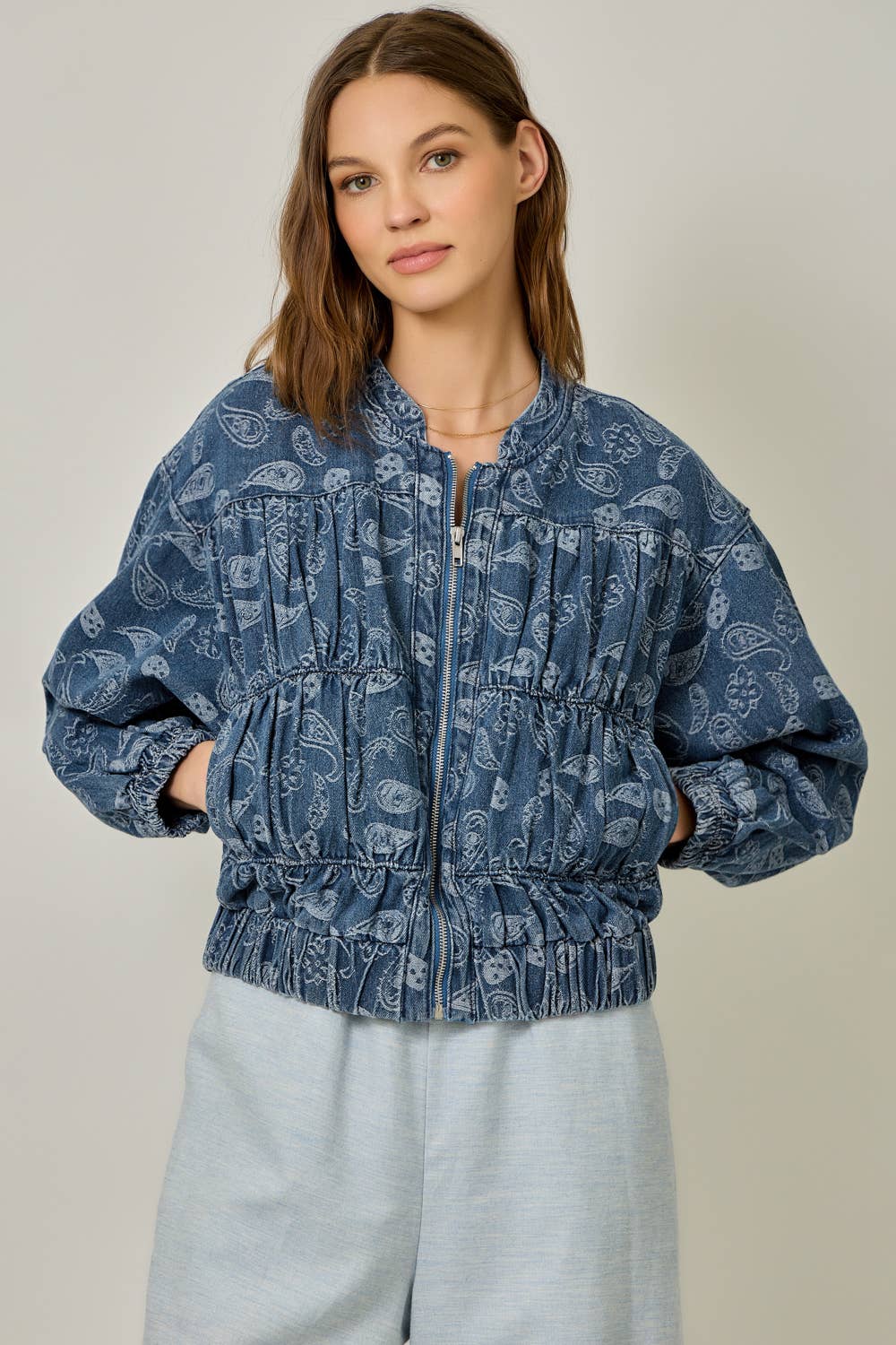 61362 Ruched Denim Bomber Jacket: Light Denim Blue / Large