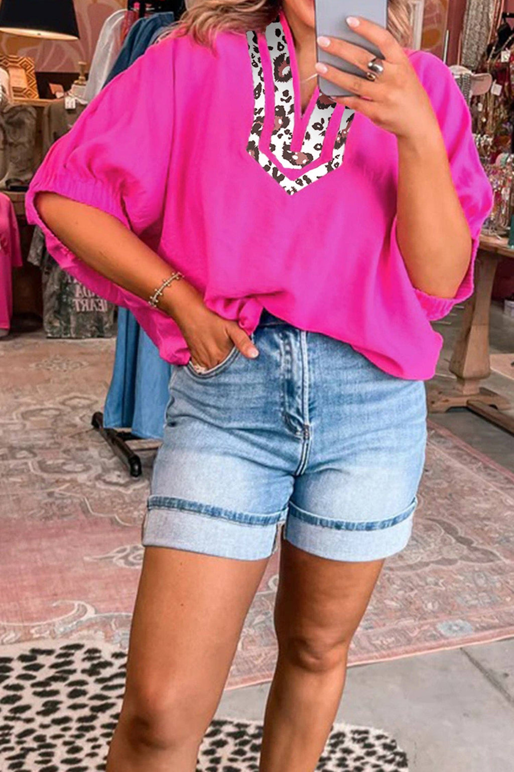 Rose Leopard Trim V Neck Dolman Sleeve Blouse Loose Fit Top: Rose Red / 100%Polyester / L
