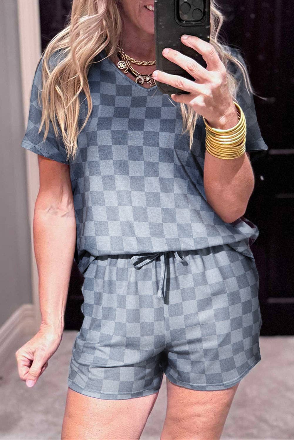 Beige Checkered Lounge Set V Neck Tee Shorts: Beige / 95%Polyester+5%Elastane / L