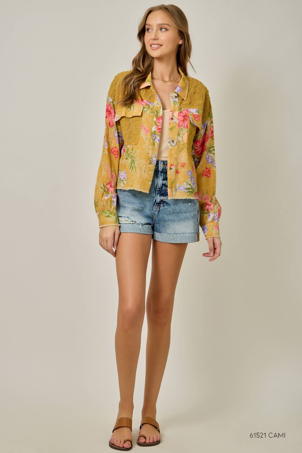 61438 Floral Mixed Media Jacket: White Mix / Small