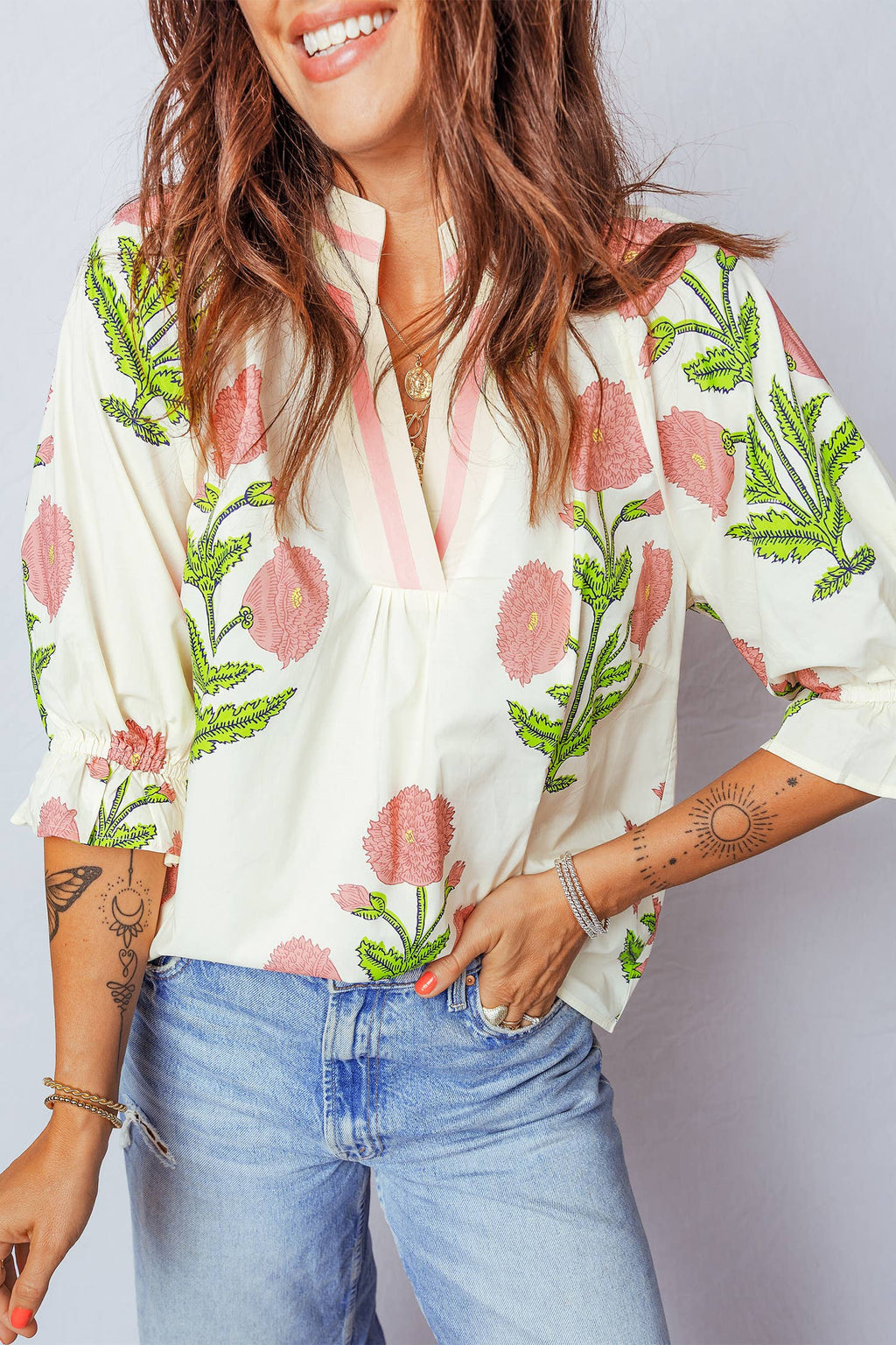 Floral V Neck 3/4 Sleeve Blouse | S-XL: Blue / Missy / XL