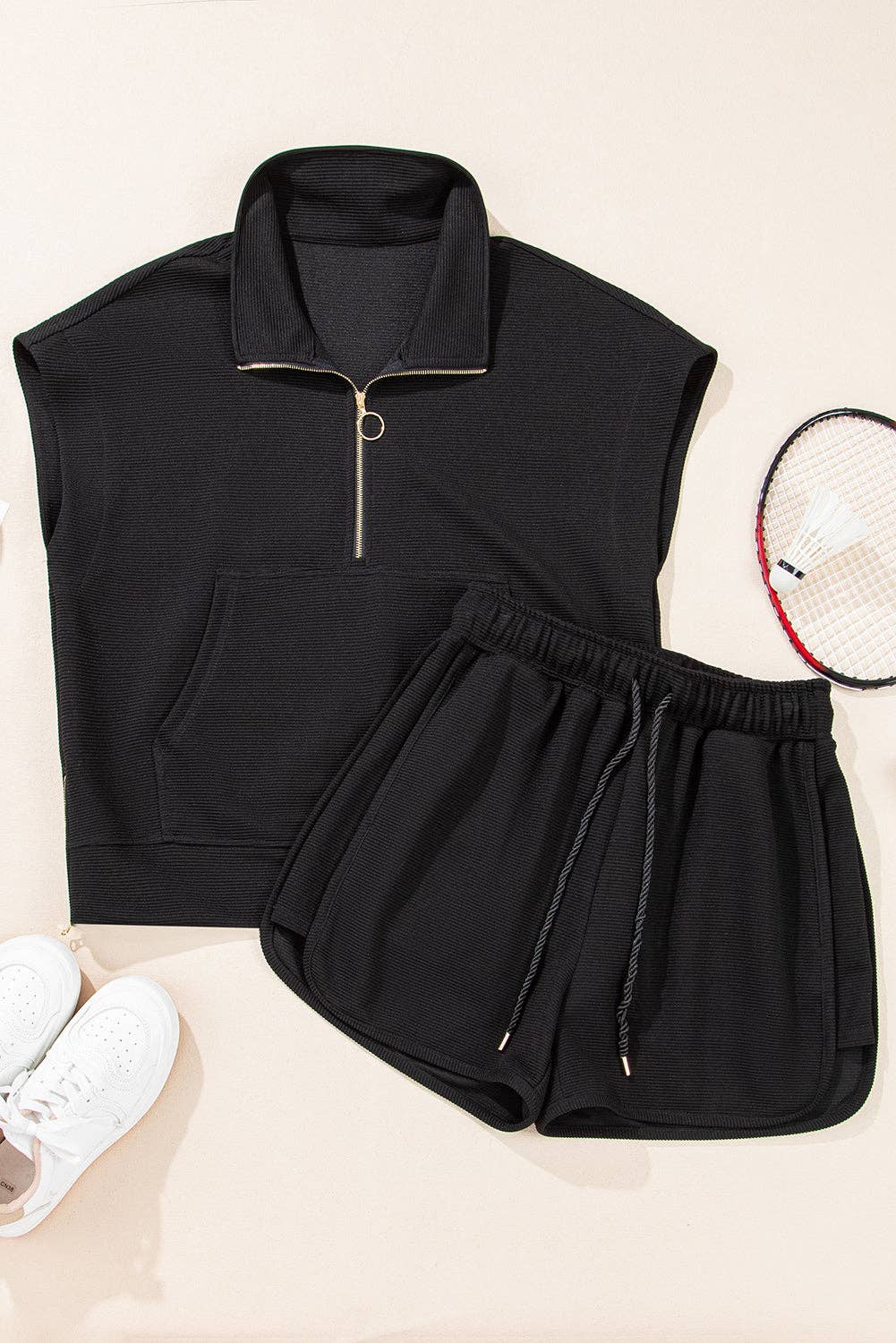 Black Textured Half Zip Kangaroo Pocket Top Drawstring Shorts Set: Black / 95%Polyester+5%Elastane / M