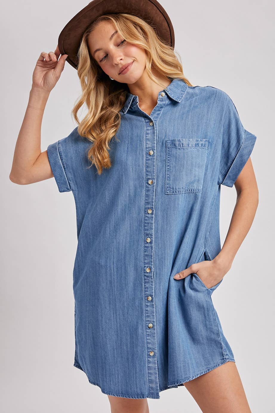 DENIM BUTTON DOWN SHIRT DRESS: MED.WASH / S