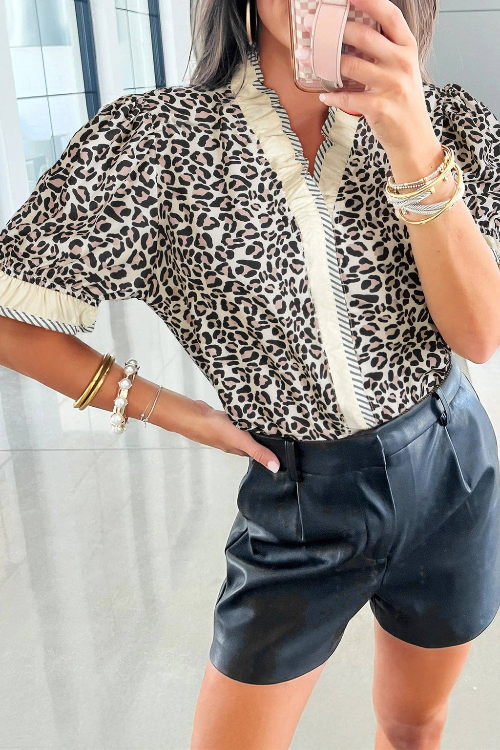 Leopard Print V Neck Blouse with Striped Ruffle Trim: Black / 100%Polyester / S