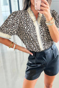 Leopard Print V Neck Blouse with Striped Ruffle Trim: Black / 100%Polyester / XL