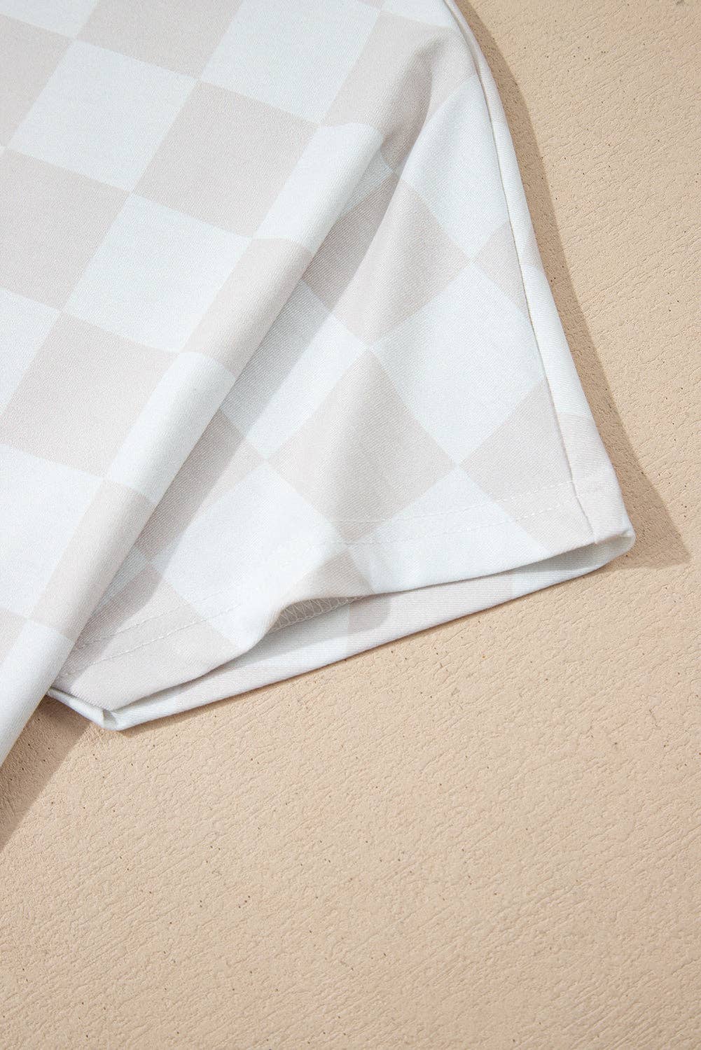 Beige Checkered Lounge Set V Neck Tee Shorts: Beige / 95%Polyester+5%Elastane / L
