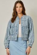 61362 Ruched Denim Bomber Jacket: Light Denim Blue / Small