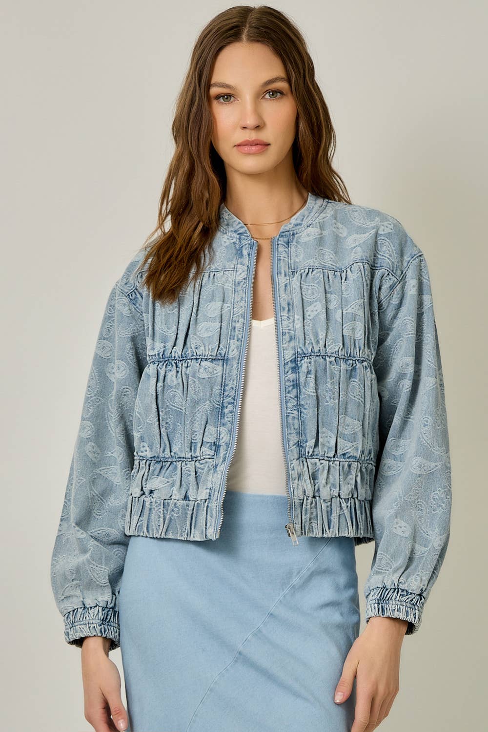 61362 Ruched Denim Bomber Jacket: Light Denim Blue / Large