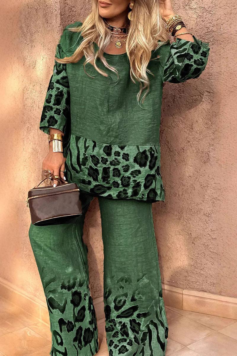 Leopard Print Two-Piece Set: KHAKI / L
