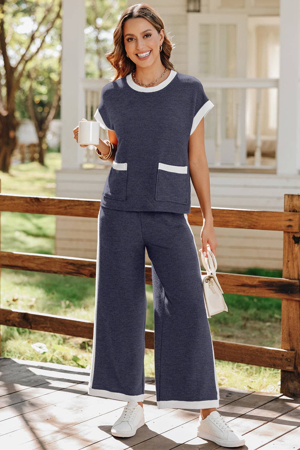 Navy Colorblock Pocket Tee Wide Leg Pants Two Piece Set: Navy Blue / 70%Polyester+27%Viscose+3%Elastane / L