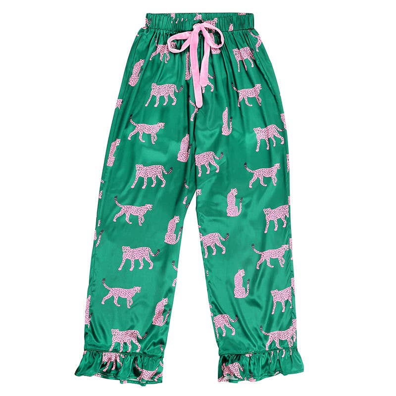 Ruffled PJ Set with Velvet Ties - Green + Cheetahs: Extra Large