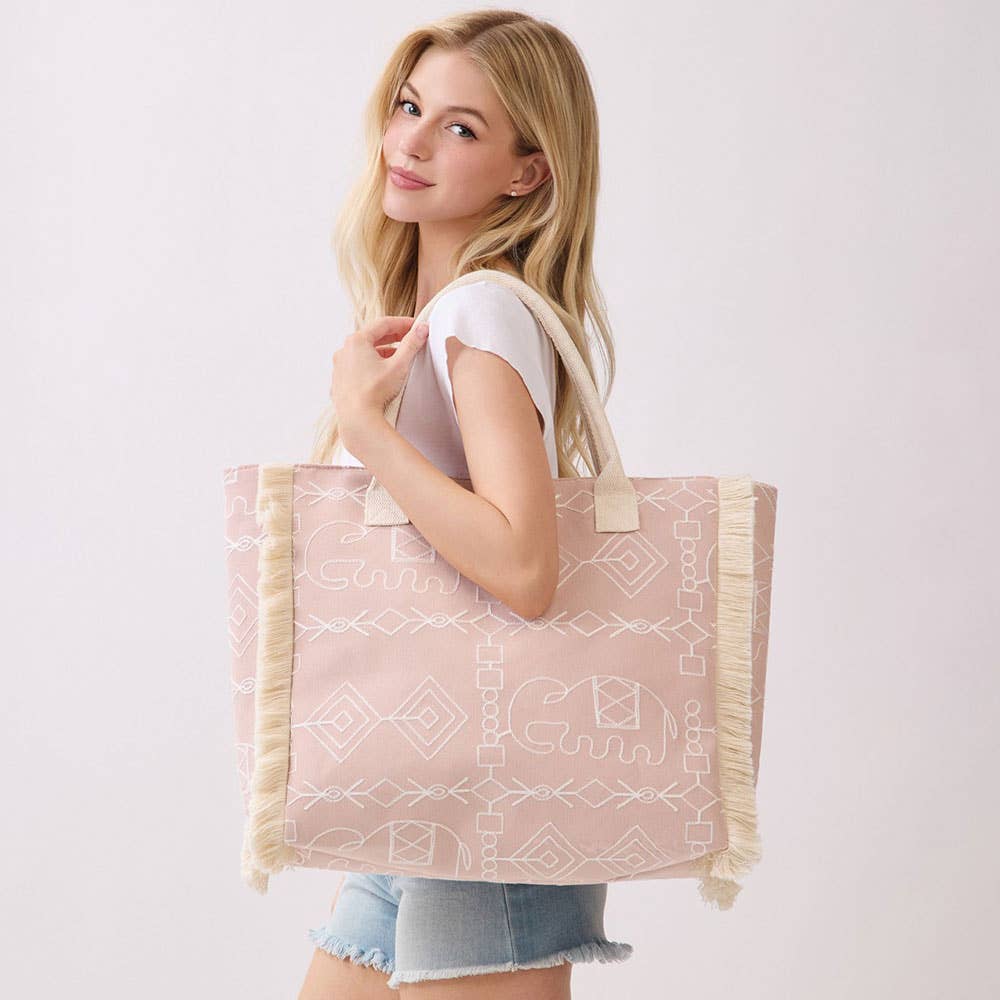Boho Geometric Elephant Print Fringe Tote Bag: Pink