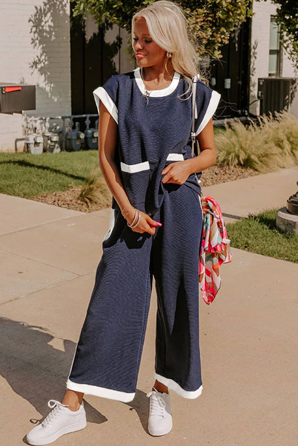 Navy Colorblock Pocket Tee Wide Leg Pants Two Piece Set: Navy Blue / 70%Polyester+27%Viscose+3%Elastane / XL