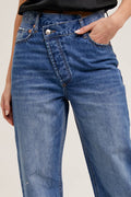 DENIM ASYMMETRICAL WAIST STRAIGHT LEG JEANS: MED.WASH / M