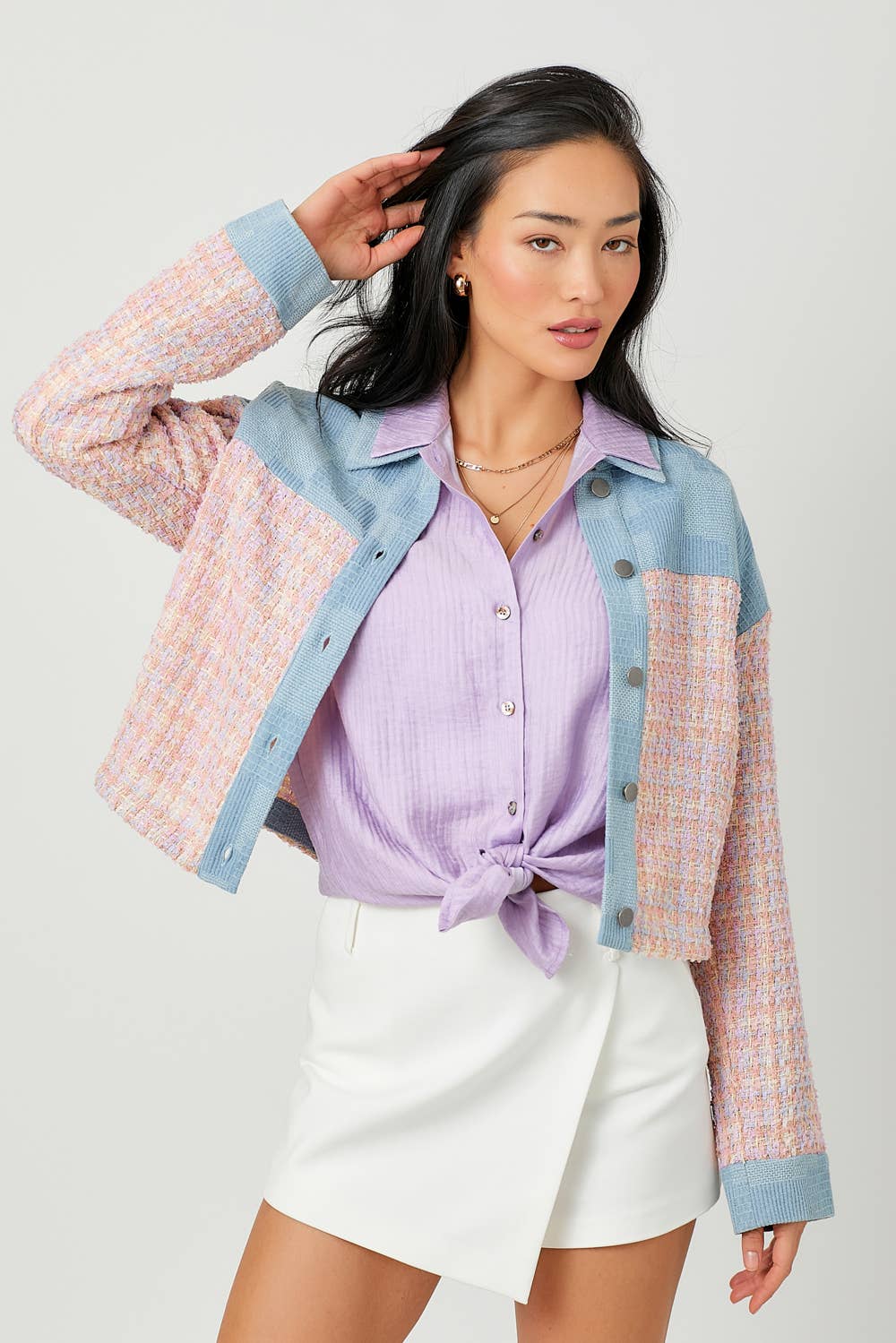 60433 Cropped Denim Mixed Jacket: Ivory Mix / Large