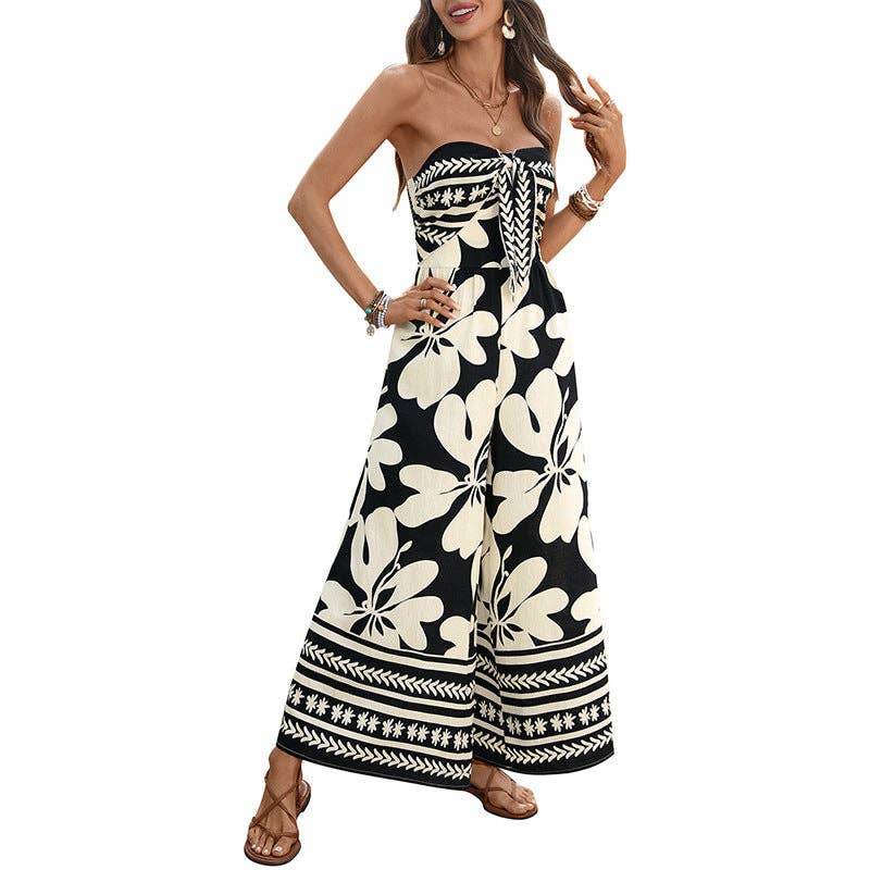 Black Floral Strapless Backless Wide Leg Jumpsuit: Black / 91%Viscose 9%Polyamide / S
