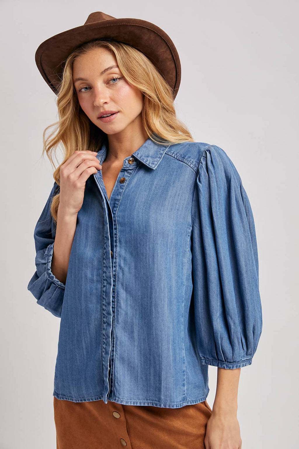 Denim Button Down Puff Sleeve Shirt