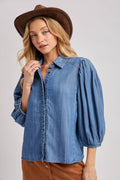 Denim Button Down Puff Sleeve Shirt