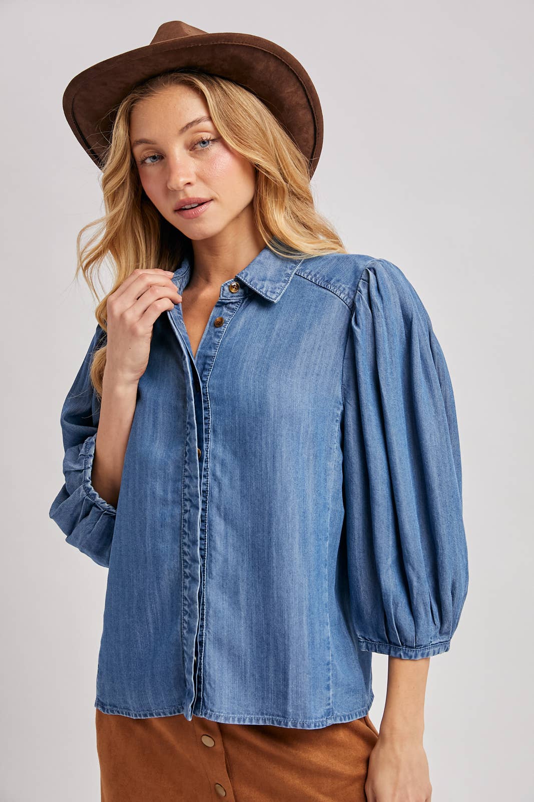 Denim Button Down Puff Sleeve Shirt