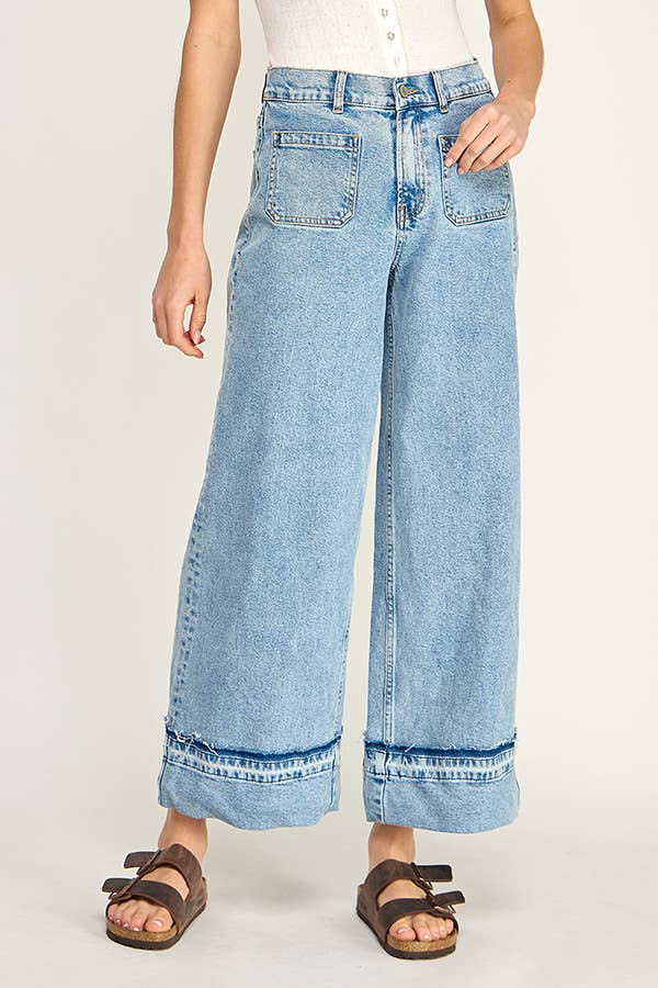 WIDE LEG CUFFED DENIM JEANS: DENIM BLUE / M