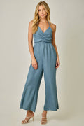 71161 Washed Gauze Halter Tie Jumpsuit: Dark Chambray / Large