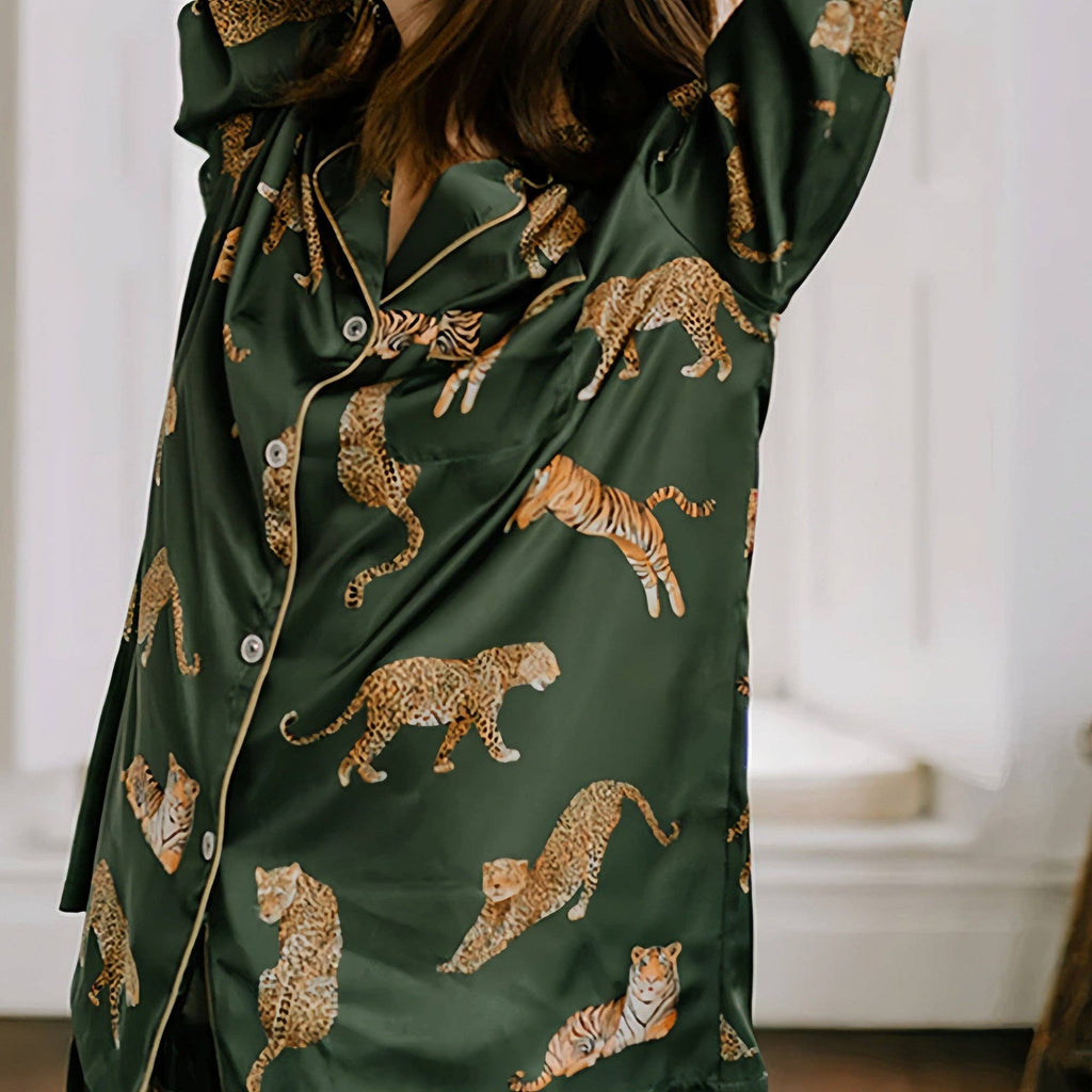 Long Sleeve Button Front Pajama Set with Tiger Print and Sat: Olive Green / Small 4-6