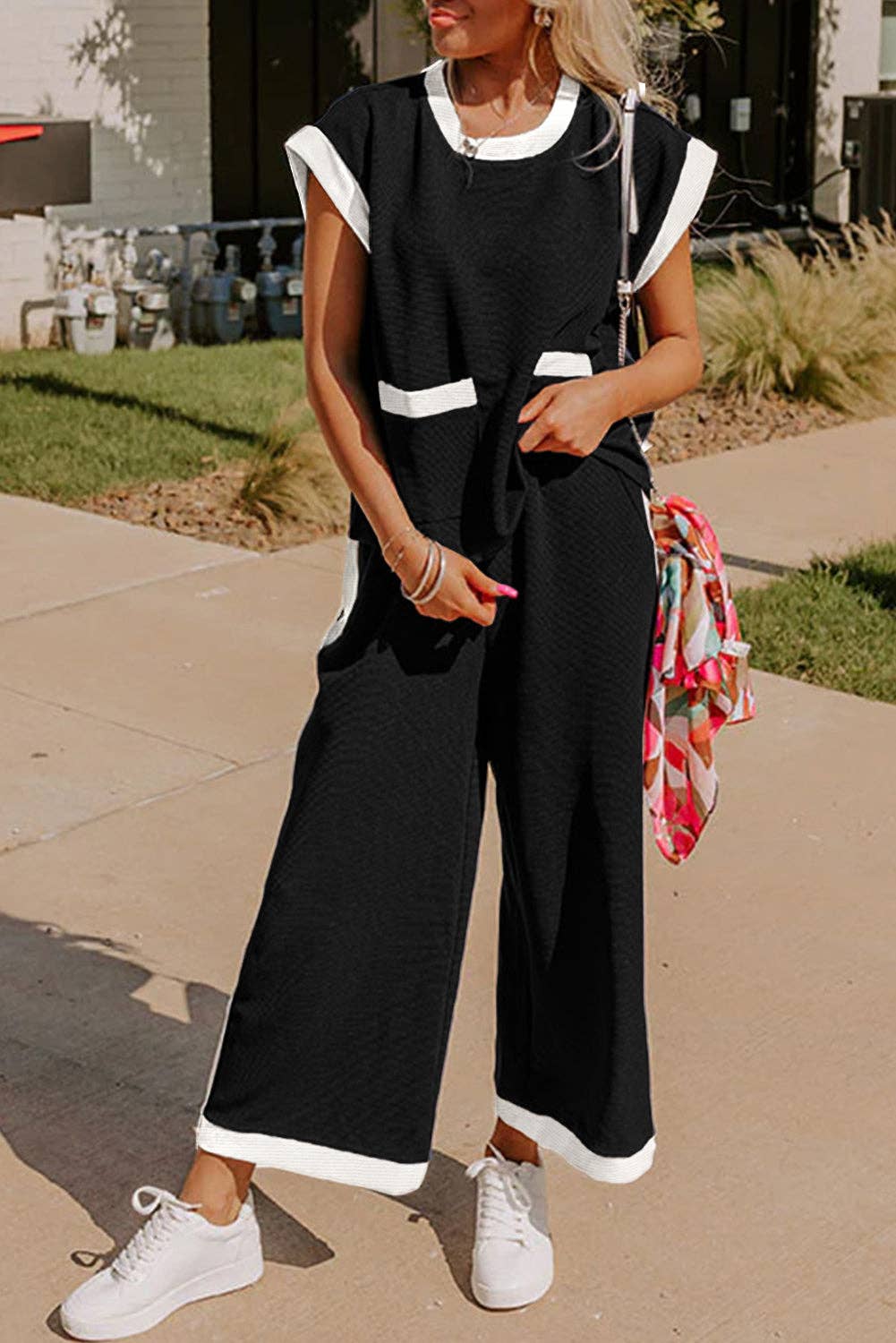 Navy Colorblock Pocket Tee Wide Leg Pants Two Piece Set: Navy Blue / 70%Polyester+27%Viscose+3%Elastane / XL