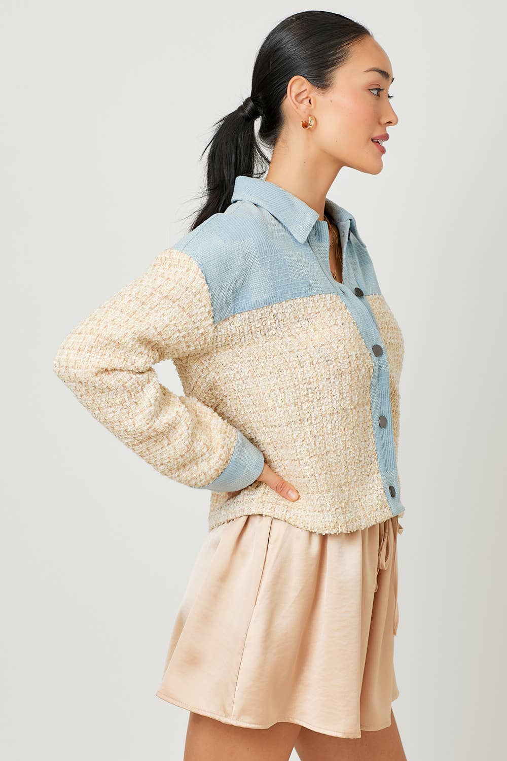60433 Cropped Denim Mixed Jacket: Ivory Mix / Small