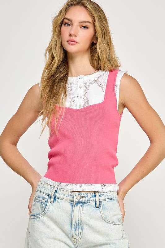 SQUARE NECK RIBBED SWEATER TANK TOP : Off White / L