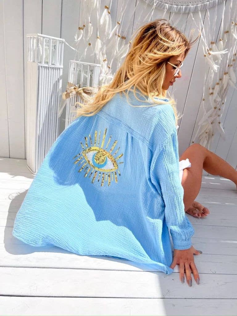 Baby Blue Oversized Evil Eye Gauze Cotton Button Shirt