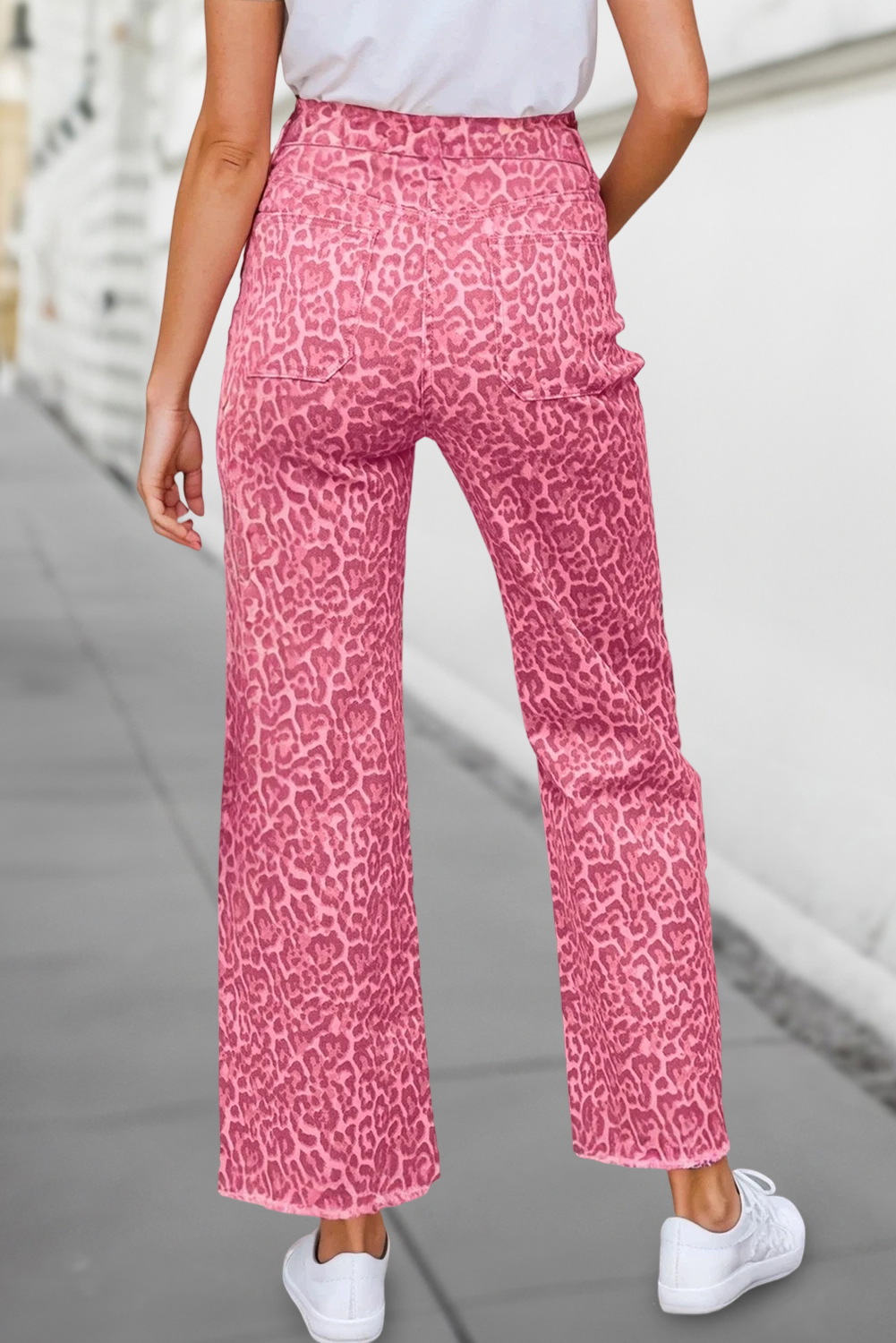 Leopard Frayed Edge Wide Leg High Waist Jeans | 4-16: As shown / Missy / 14