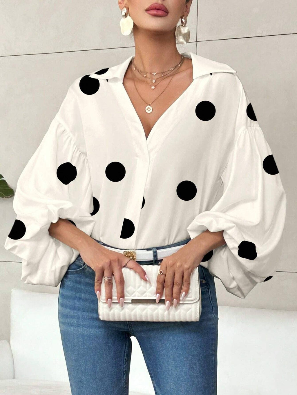 Women’s Lantern Sleeve V Neck Blouse Elegant Casual Top: White / 100% Polyester / XL