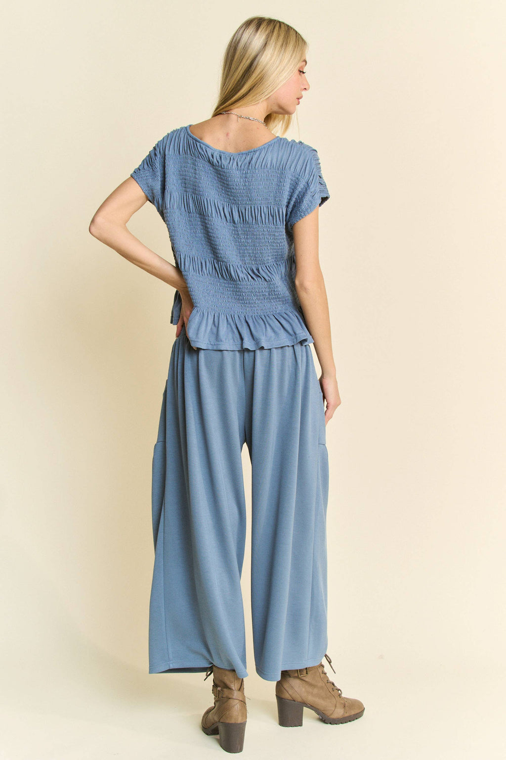 RUFFLE CAP SLEEVE TOP AND WAISTBAND PANTS SET: INDIGO BLUE / S