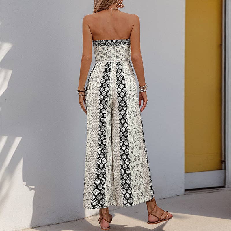 Boho Strapless Smocked Jumpsuit with Wide-Leg Flare Pants: Apricot / 100%Viscose / S