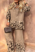 Leopard Print Two-Piece Set: KHAKI / S