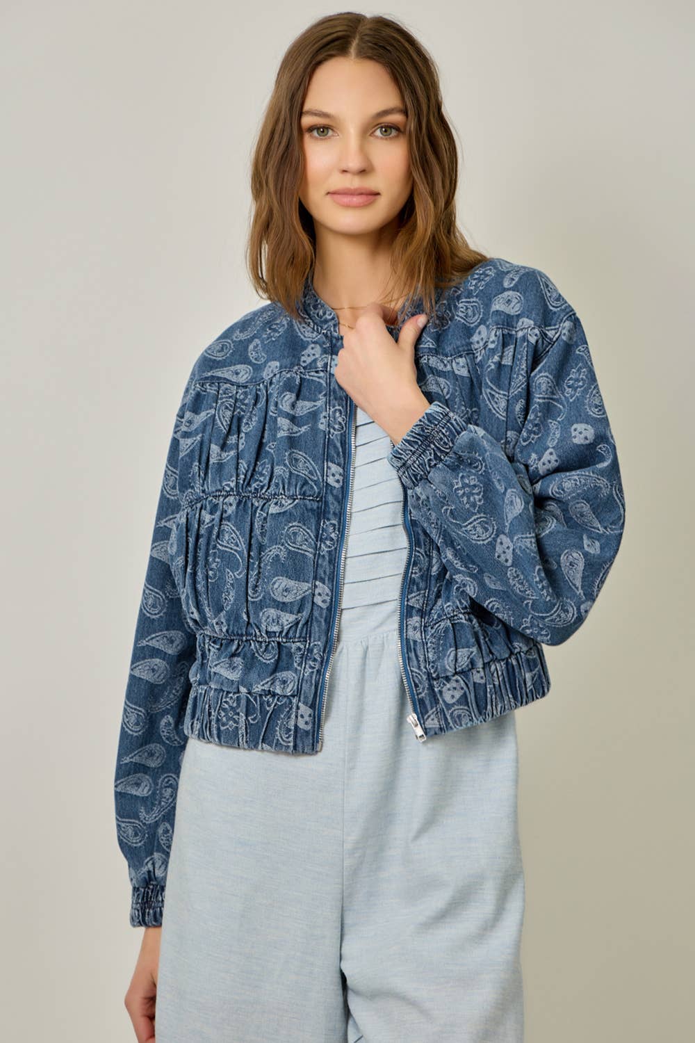 61362 Ruched Denim Bomber Jacket: Light Denim Blue / Small