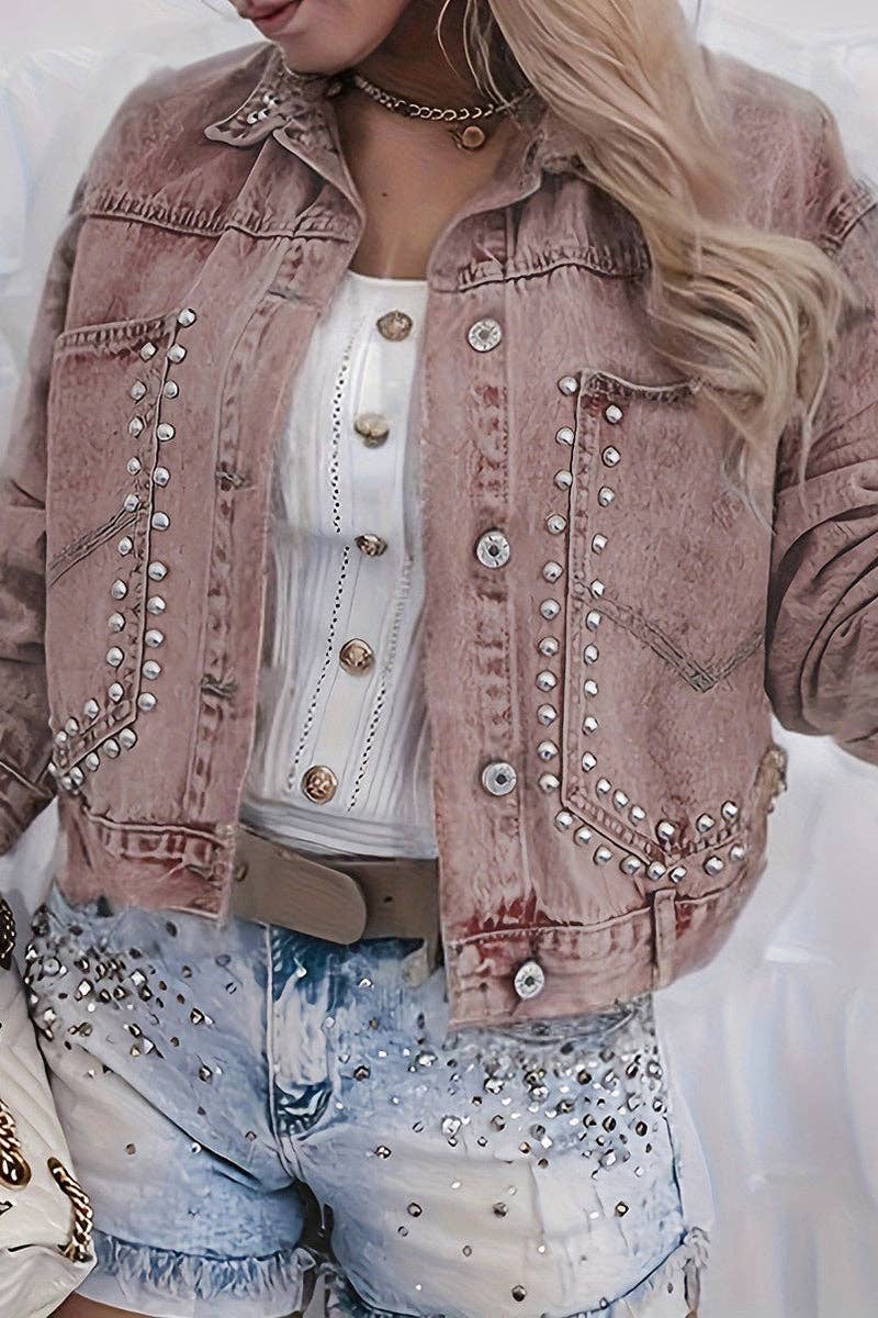 Studded Denim Jacket with Button Accents: PINK / L