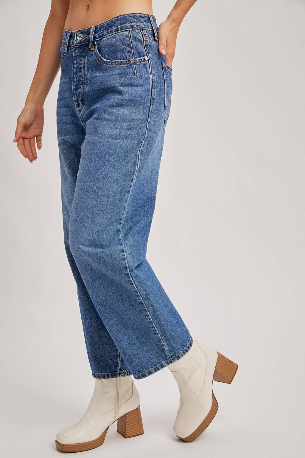 Denim Mid Rise Wide Leg Cropped Jeans