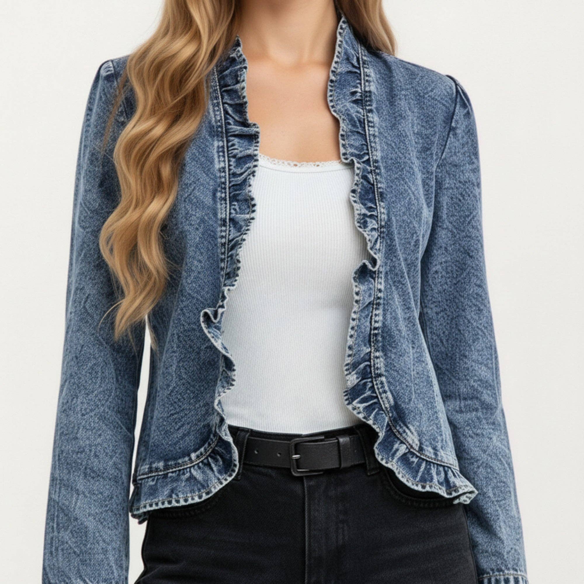 Denim Jacket with Soft Ruffle Trim Open Front Design