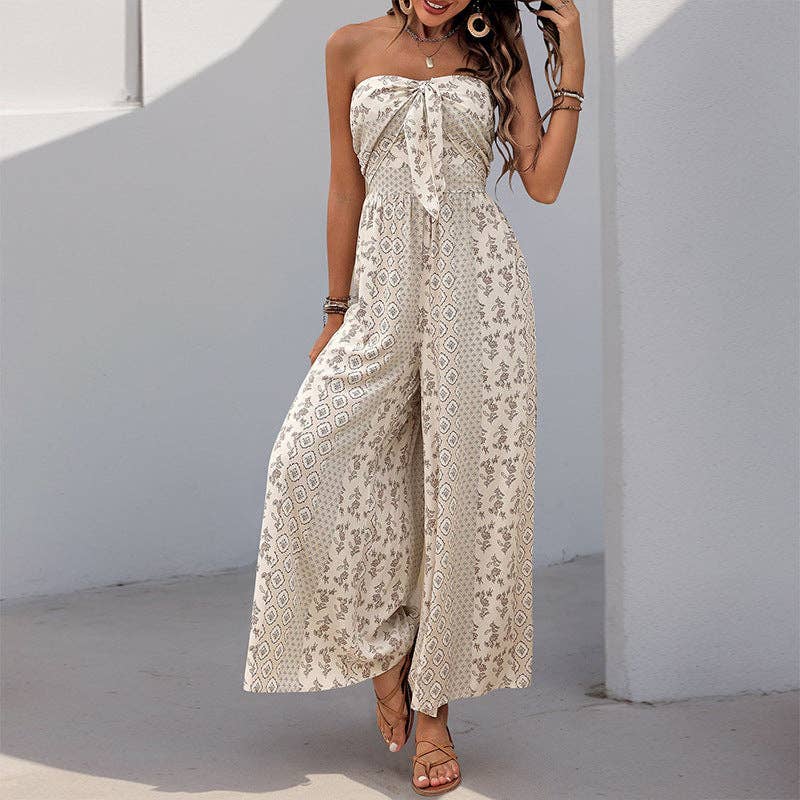 Boho Strapless Smocked Jumpsuit with Wide-Leg Flare Pants