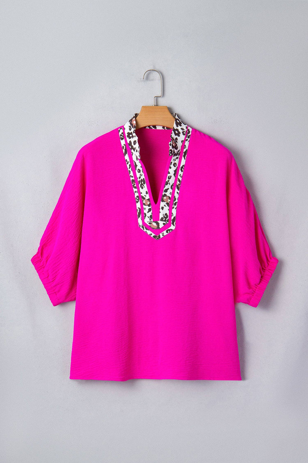 Rose Leopard Trim V Neck Dolman Sleeve Blouse Loose Fit Top: Rose Red / 100%Polyester / M