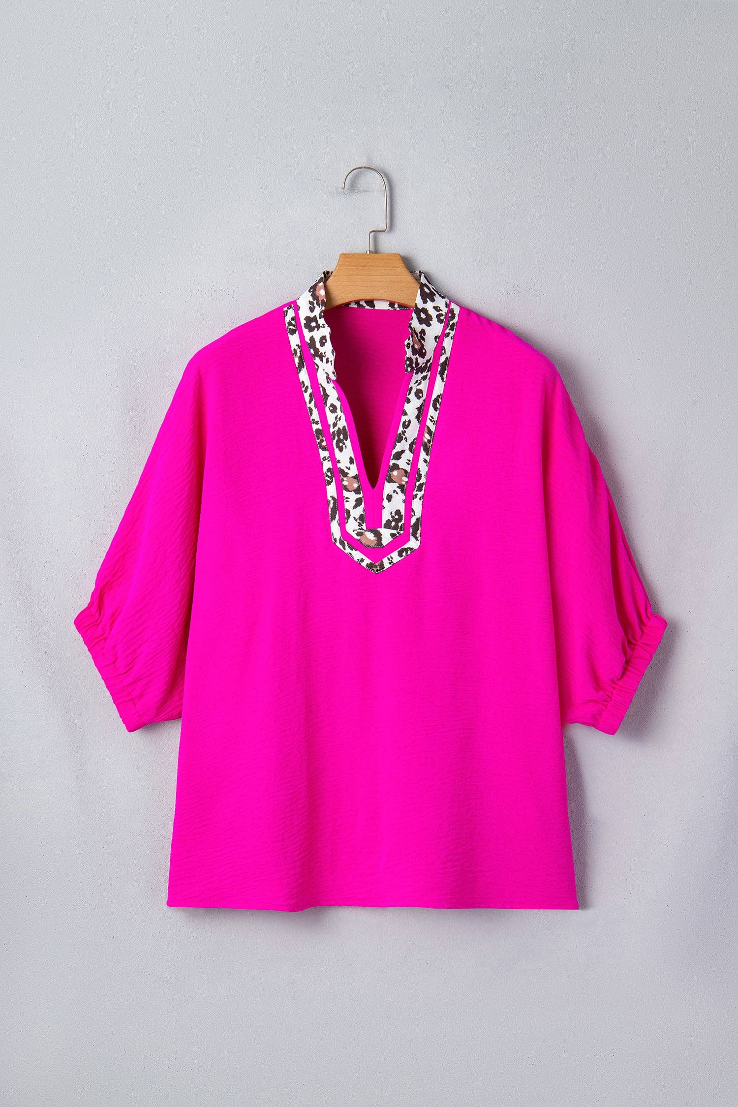 Rose Leopard Trim V Neck Dolman Sleeve Blouse Loose Fit Top: Black / 100%Polyester / M