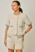 61508 Short Sleeve Fringed Tweed Jacket: Ivory / Large