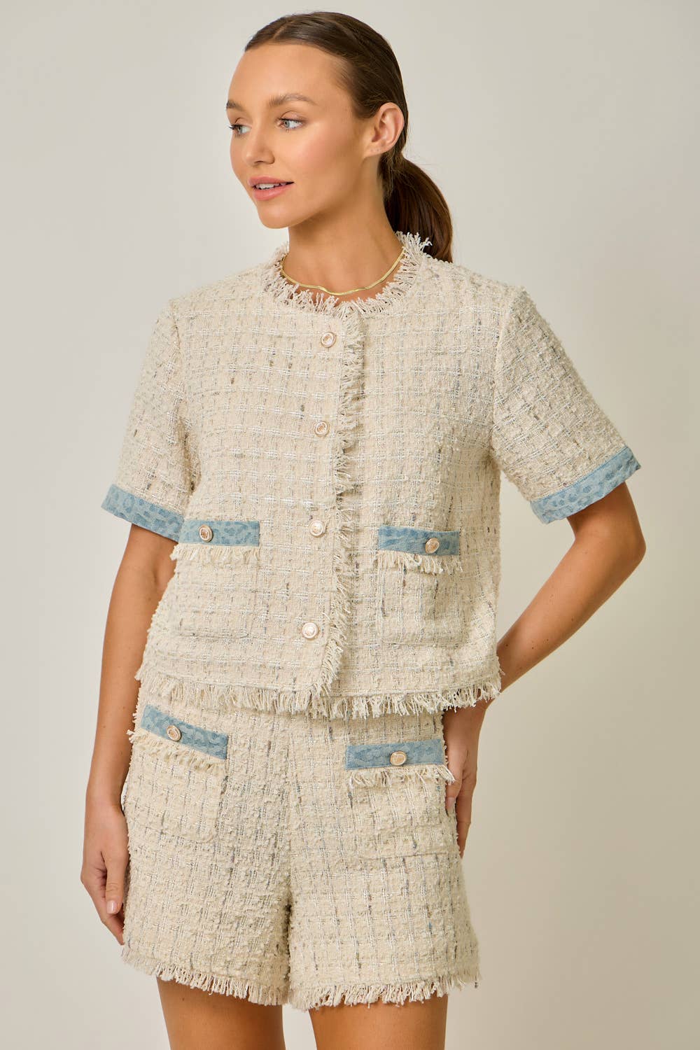 Short Sleeve Fringed Tweed Jacket