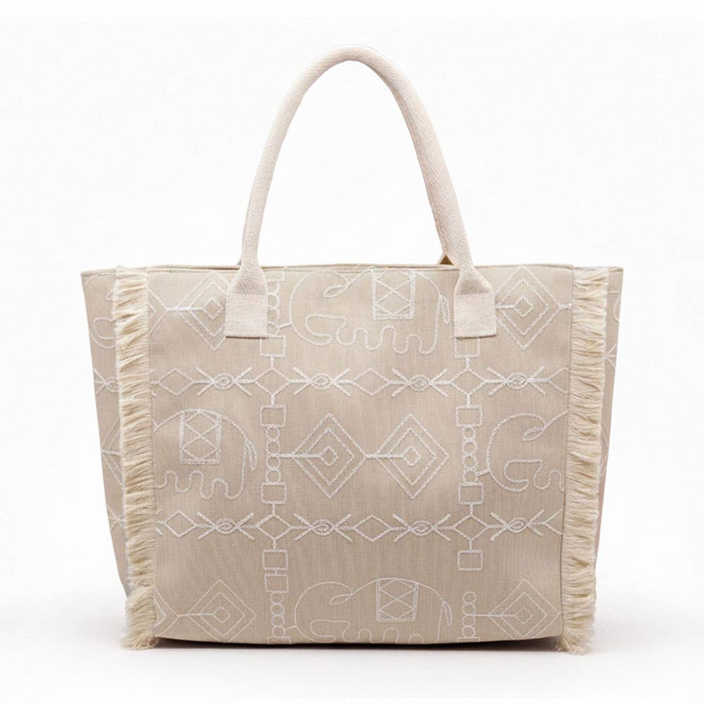 Boho Geometric Elephant Print Fringe Tote Bag