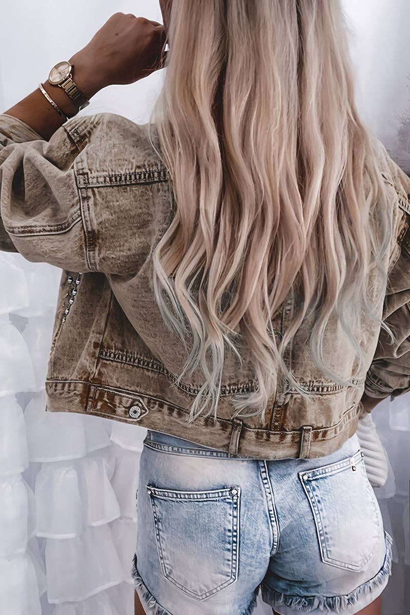Studded Denim Jacket with Button Accents: PINK / S
