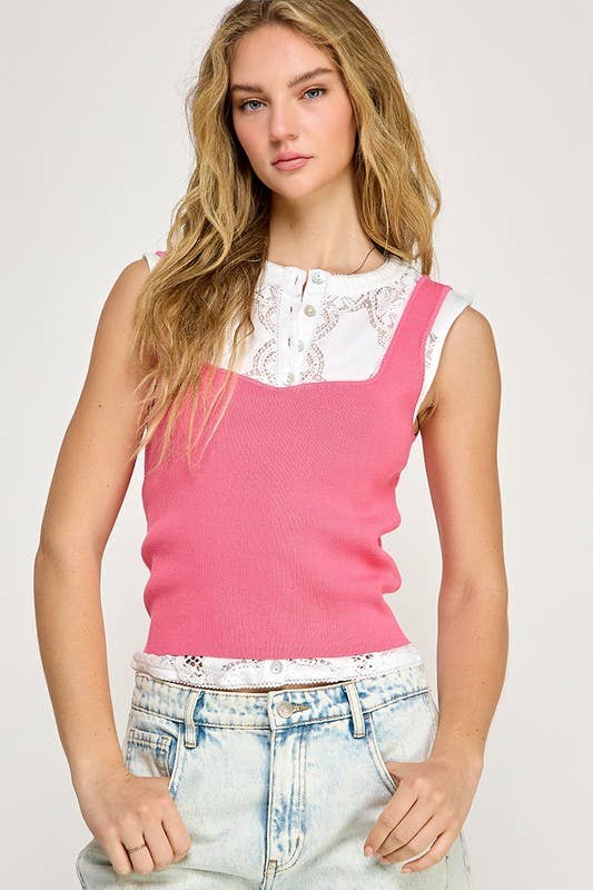 SQUARE NECK RIBBED SWEATER TANK TOP : Off White / S