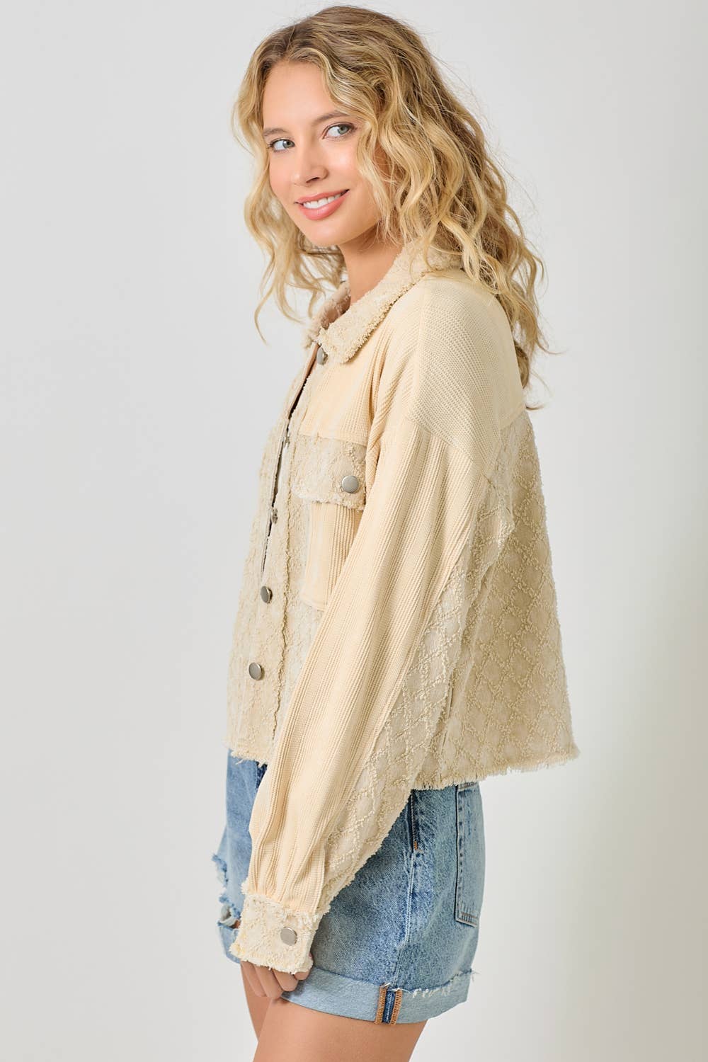 60634 Mixed Media Balloon Sleeve Jacket : Off White Mix / Large